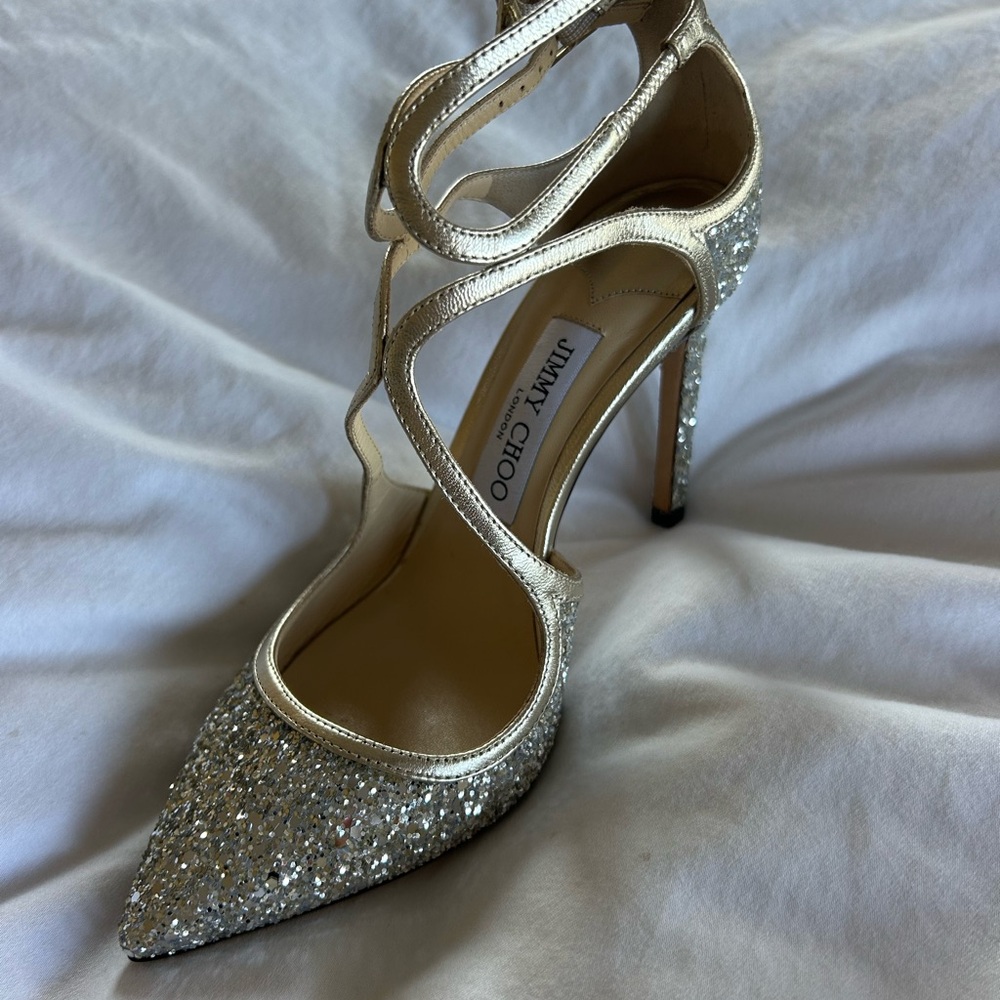 New Jimmy Choo Platinum Ice Leather Lancer 100 Pumps Shoes EU 36 1/2 Champagne